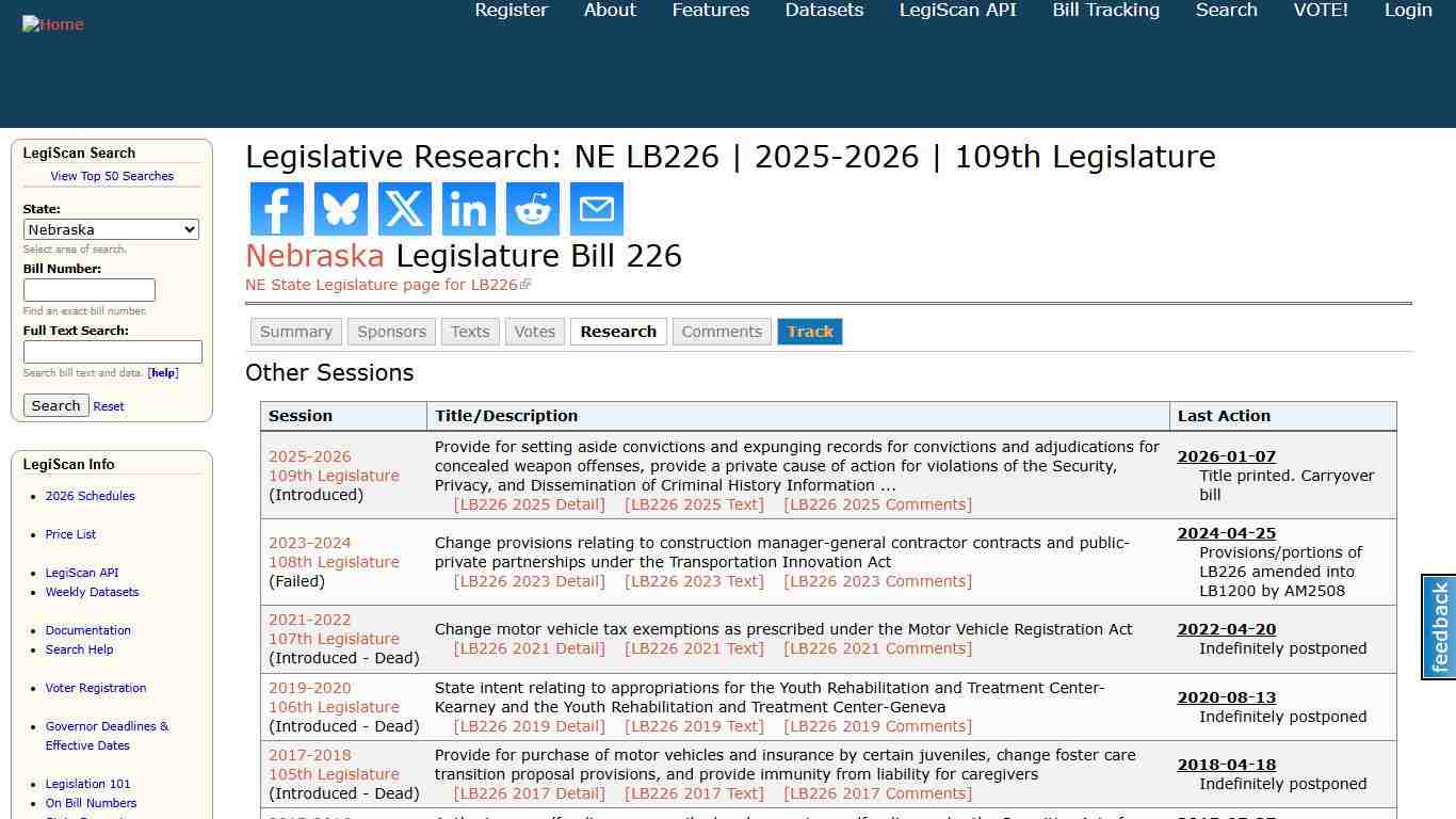 Legislative Research: NE LB226 | 2025-2026 | 109th Legislature | LegiScan